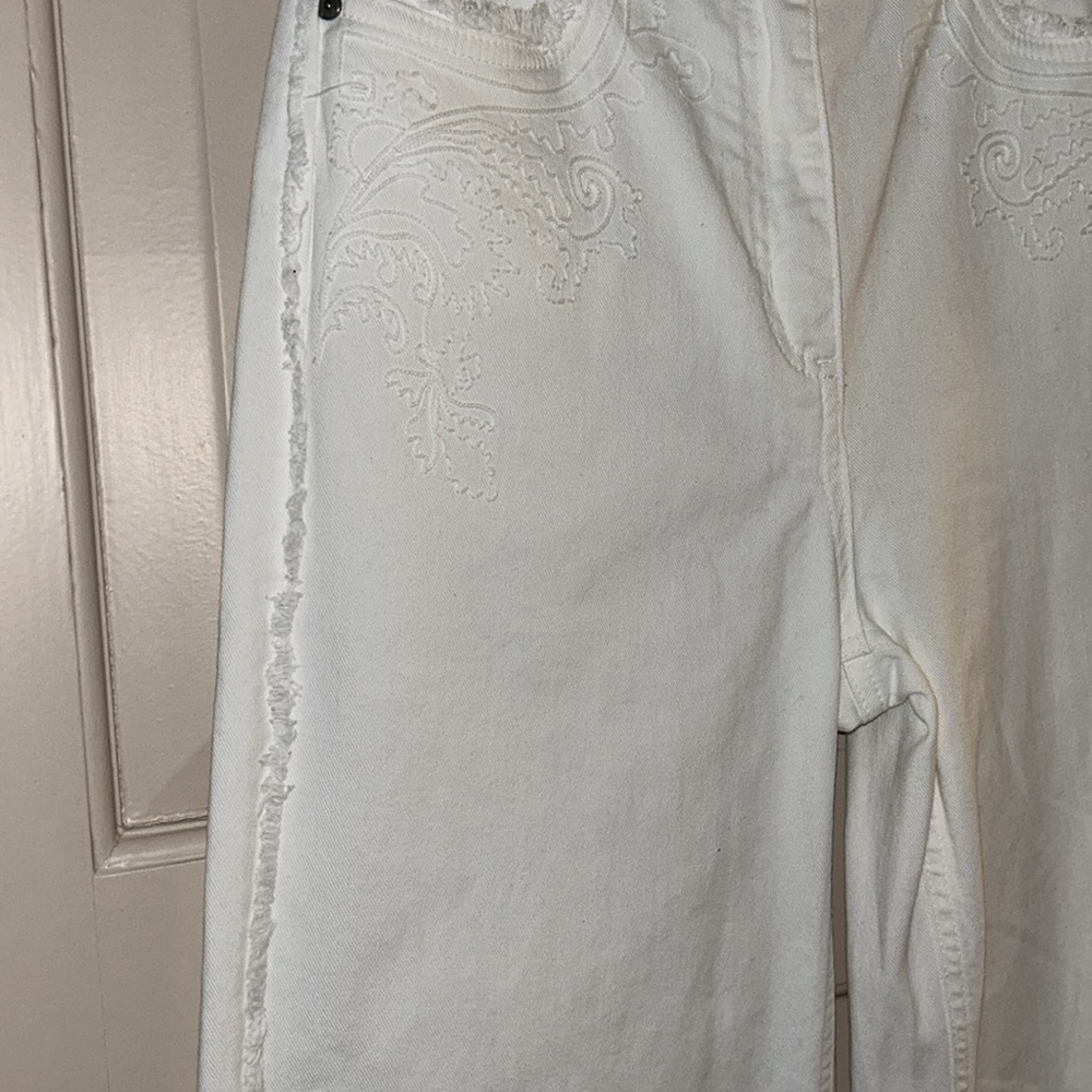 Rare ETRO Sz 27 x 34 white cotton embroidered wideleg Jean fringe edge hi waist - Picture 13 of 15